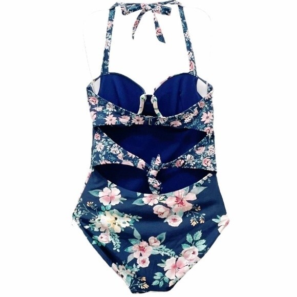 Janela Bay Riverwalk Floral Bra Top Tie Back One Piece Swimsuit Blue Pink Small - Picture 2 of 9